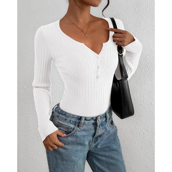 Women Fall Sweaters Henley Shirts V Neck Long Sleeve Knits Casual Office - Picture 6 of 8